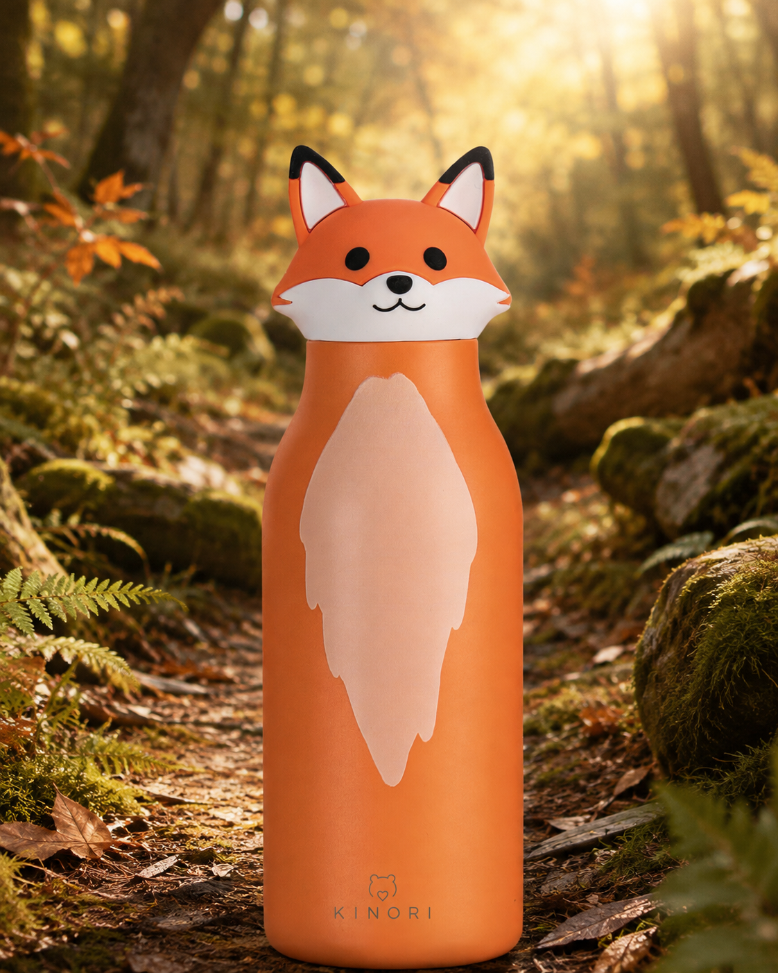 KINORI Kinder-Thermosflasche Finn mit Fuchskopf auf einem Waldweg