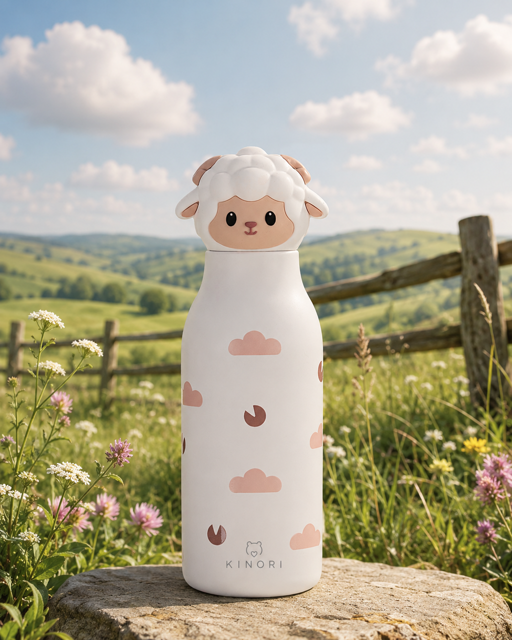 KINORI Kinder-Thermosflasche Nola mit Schafkopf auf einer grünen Blumenwiese