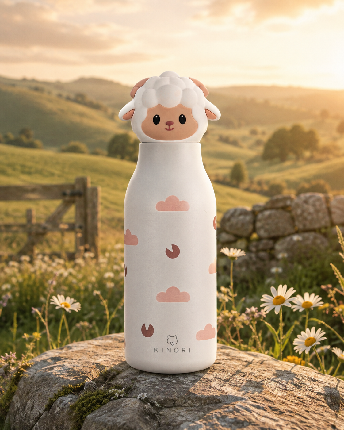 KINORI Kinder-Thermosflasche Nola mit Schafkopf bei Sonnenuntergang auf dem Land