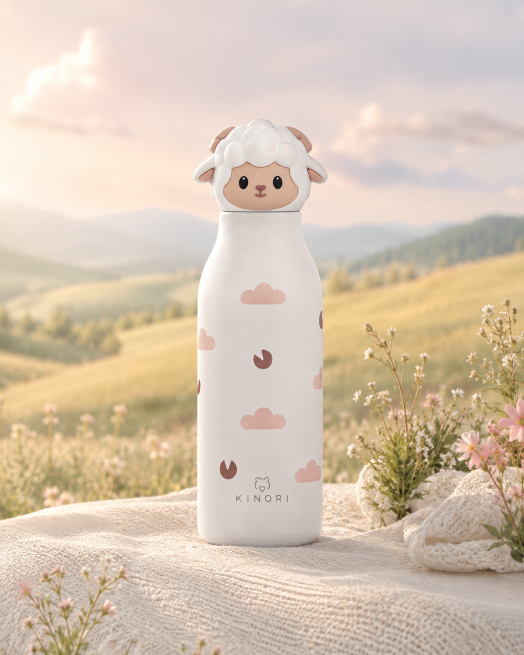 KINORI Kinder-Thermosflasche Nola – das achtsame Schaf in einer Blumenlandschaft