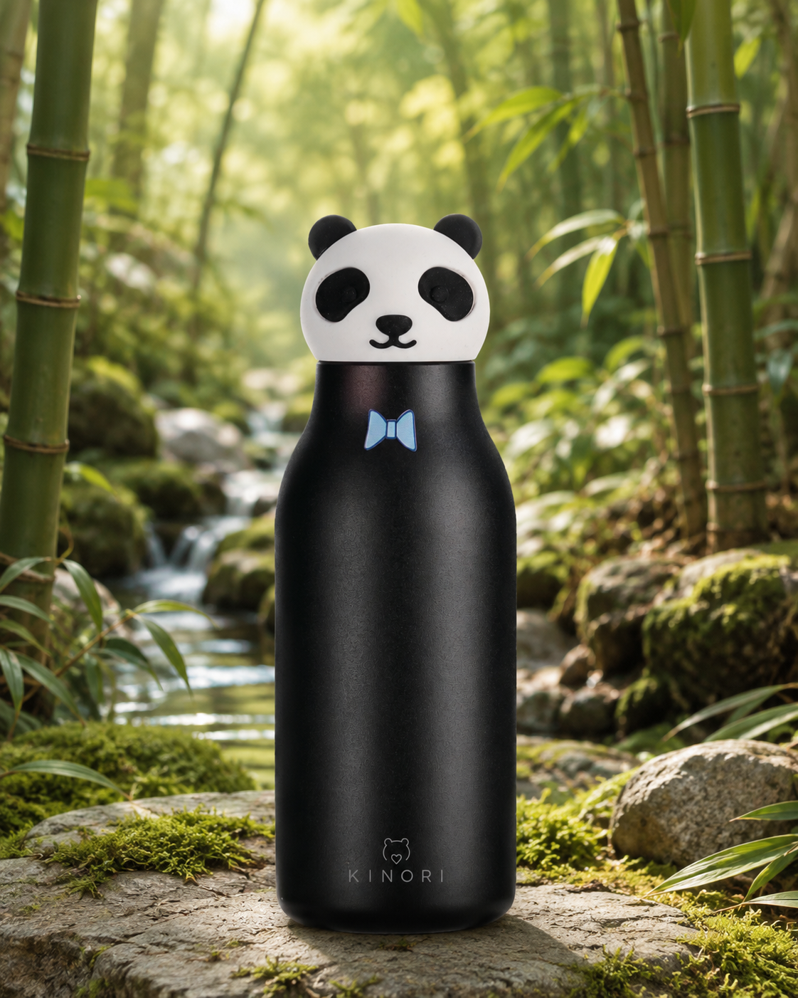 KINORI Kinder-Thermosflasche Paco mit Pandakopf zwischen Bambus und Felsen