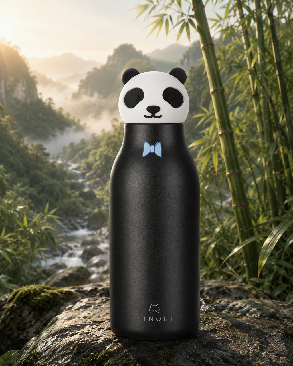 KINORI Kinder-Thermosflasche Paco mit Pandakopf in einer Berglandschaft mit Bambus