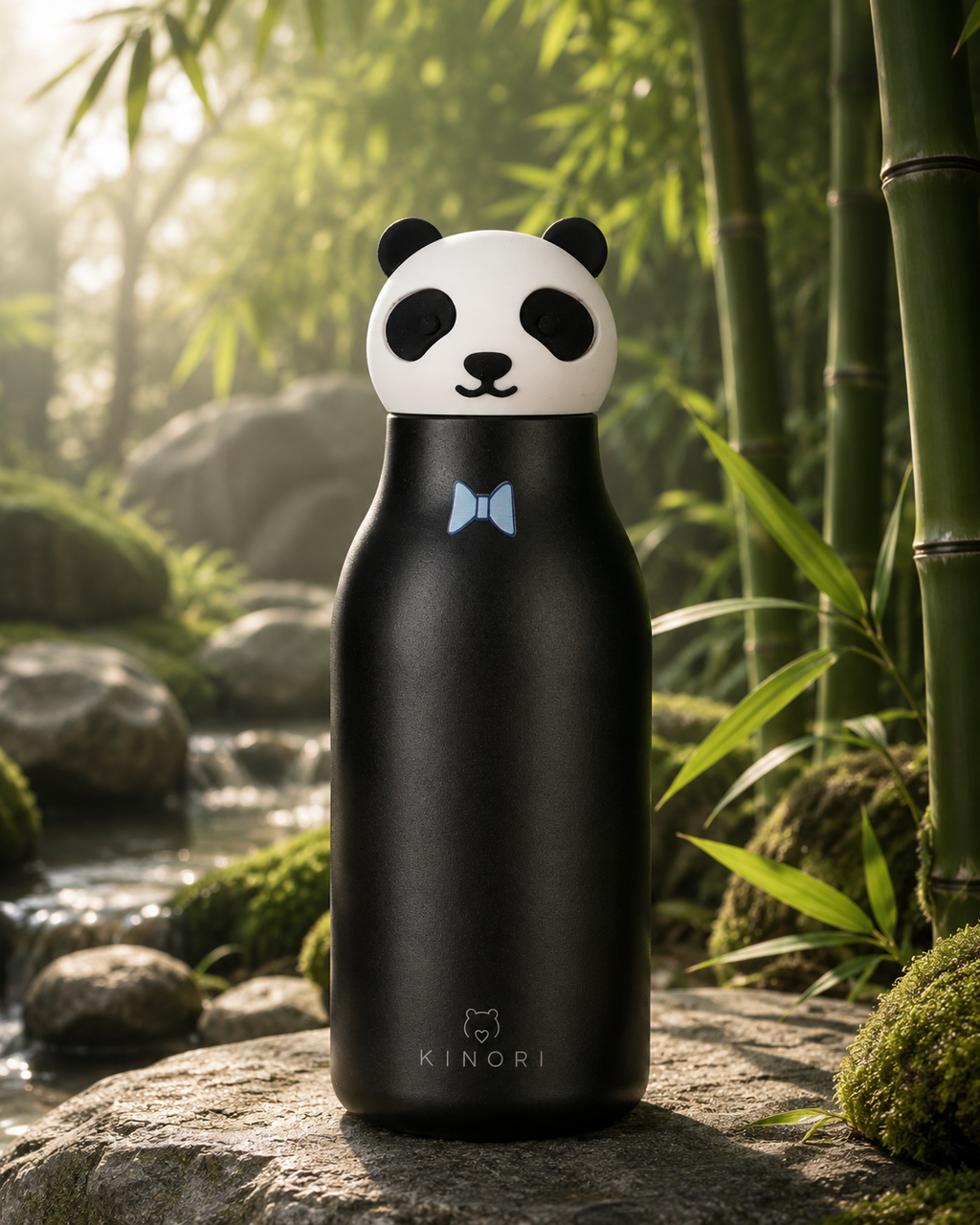 KINORI Kinder-Thermosflasche Paco mit Pandakopf an einem Bach im Bambuswald