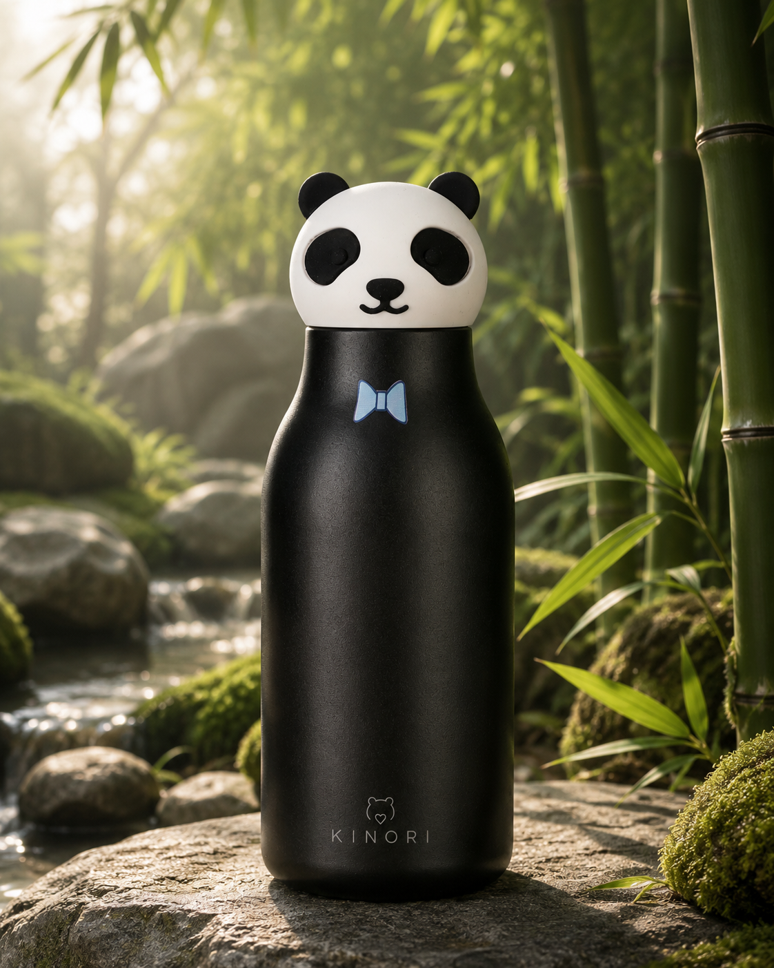KINORI Kinder-Thermosflasche Paco mit Pandakopf an einem Bach im Bambuswald