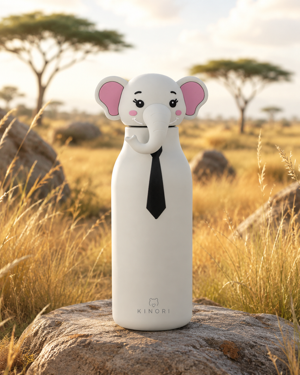 KINORI Kinder-Thermosflasche Elio mit Elefantenkopf auf einem Felsen in der Savanne