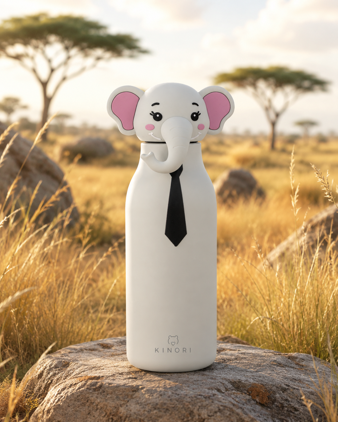 KINORI Kinder-Thermosflasche Elio mit Elefantenkopf auf einem Felsen in der Savanne