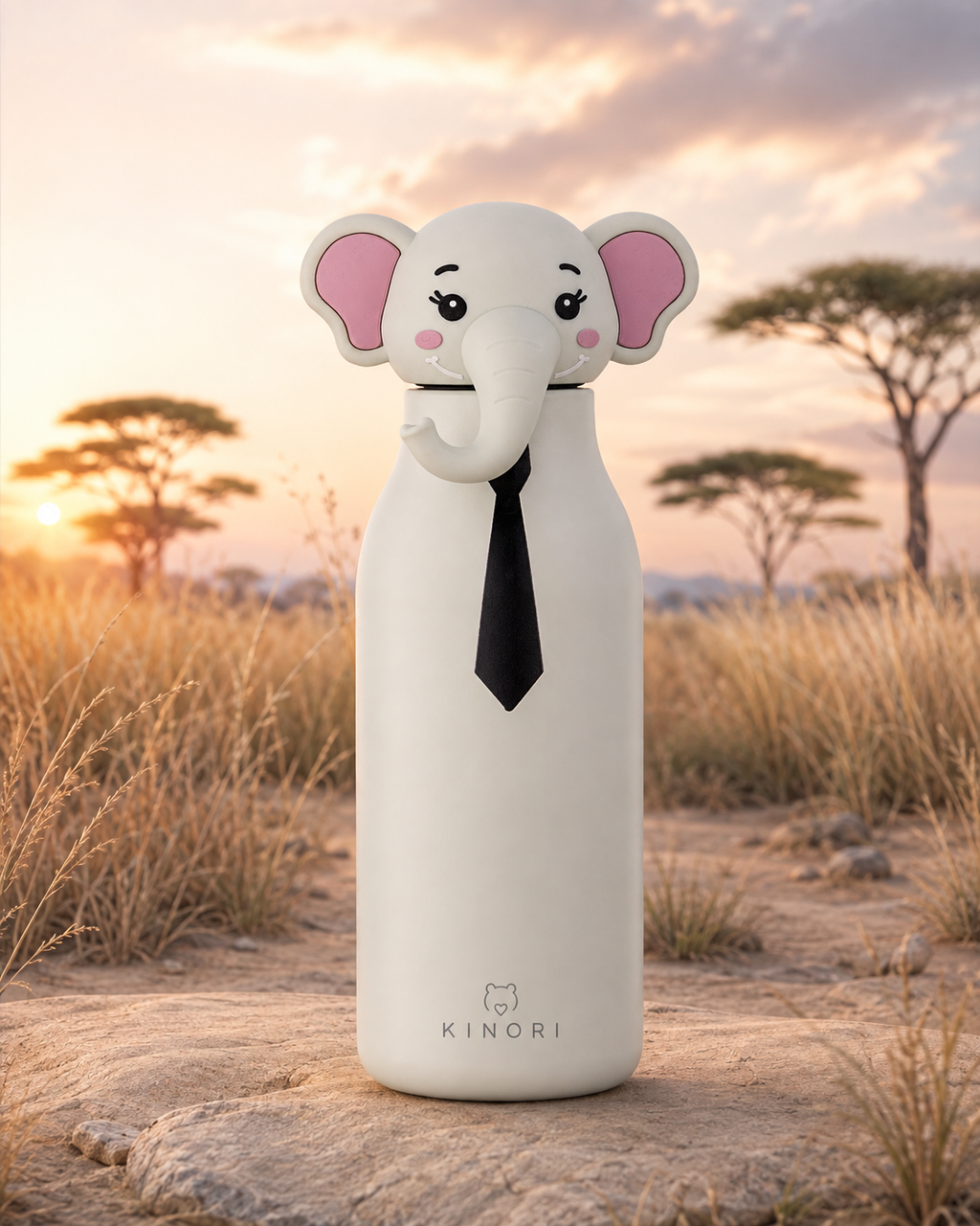 KINORI Kinder-Thermosflasche Elio mit Elefantenkopf bei Sonnenuntergang in der Savanne