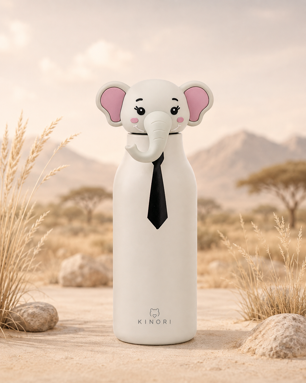 KINORI Kinder-Thermosflasche Elio mit Elefantenkopf in heller Savannenlandschaft