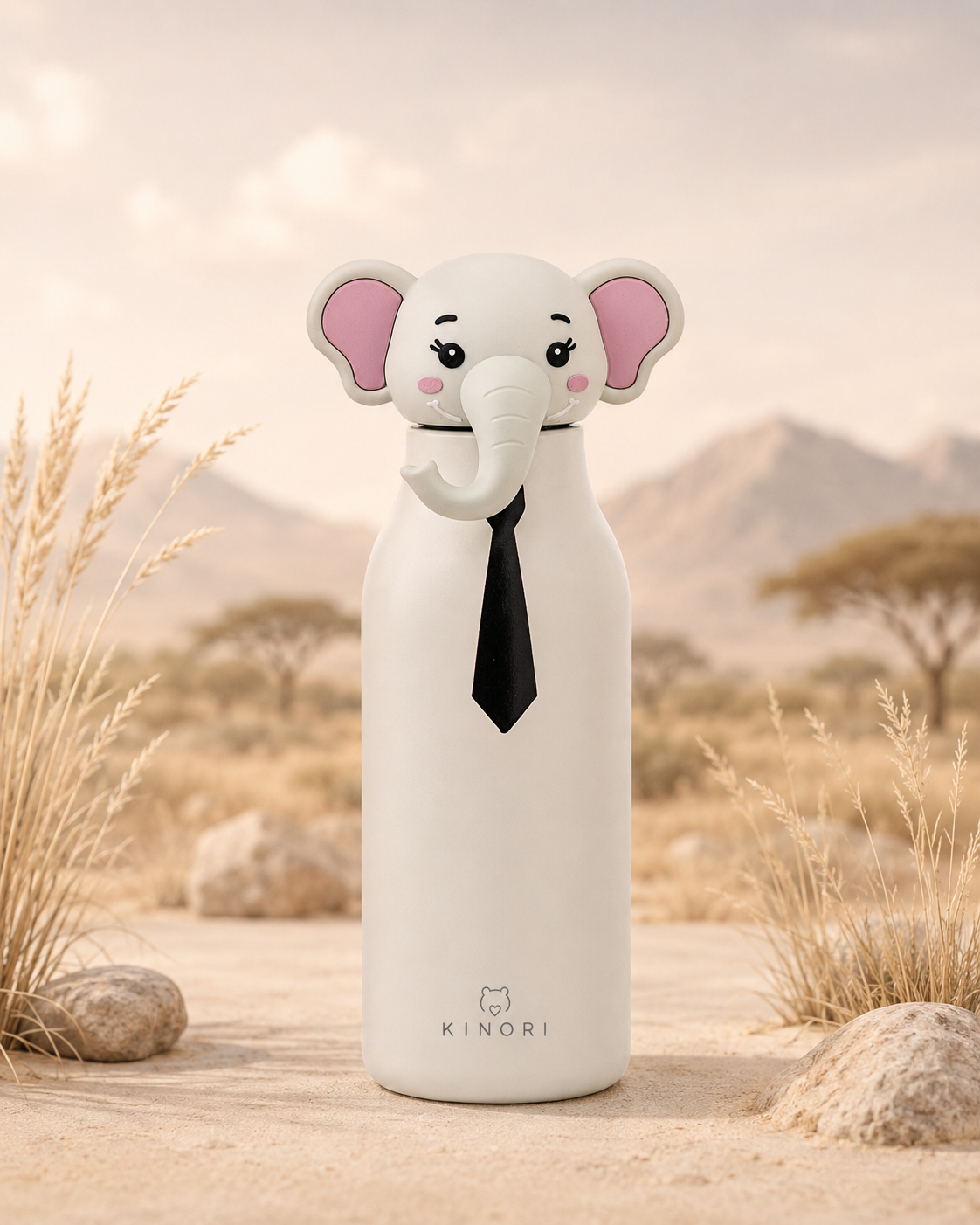 KINORI Kinder-Thermosflasche Elio mit Elefantenkopf in heller Savannenlandschaft
