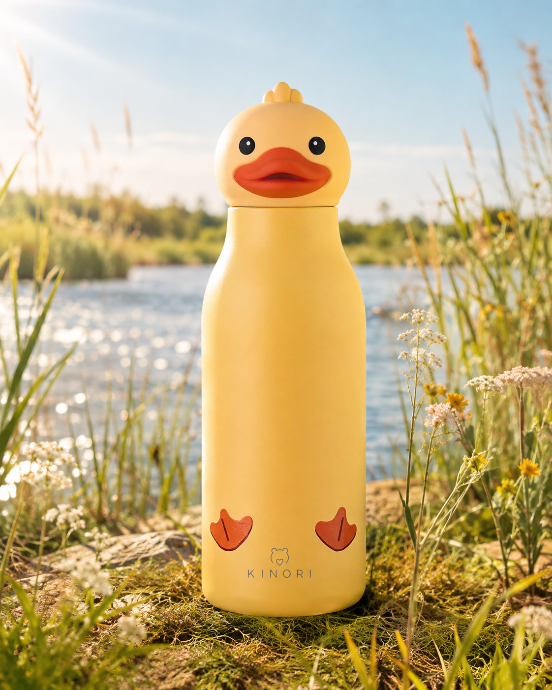 KINORI Kinder-Thermosflasche Emmi mit Entenkopf am sonnigen Seeufer