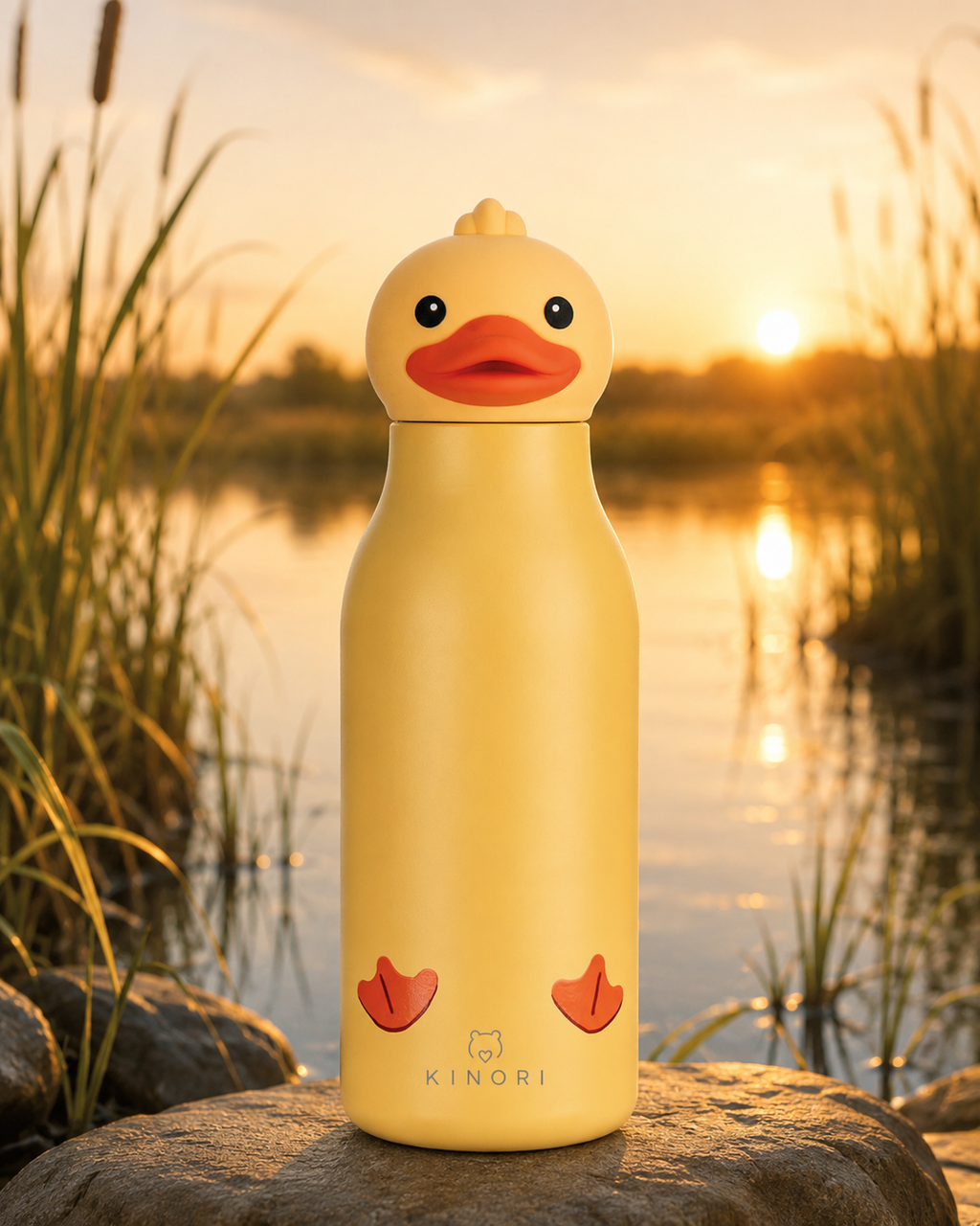 KINORI Kinder-Thermosflasche Emmi mit Entenkopf bei Sonnenuntergang am Se
