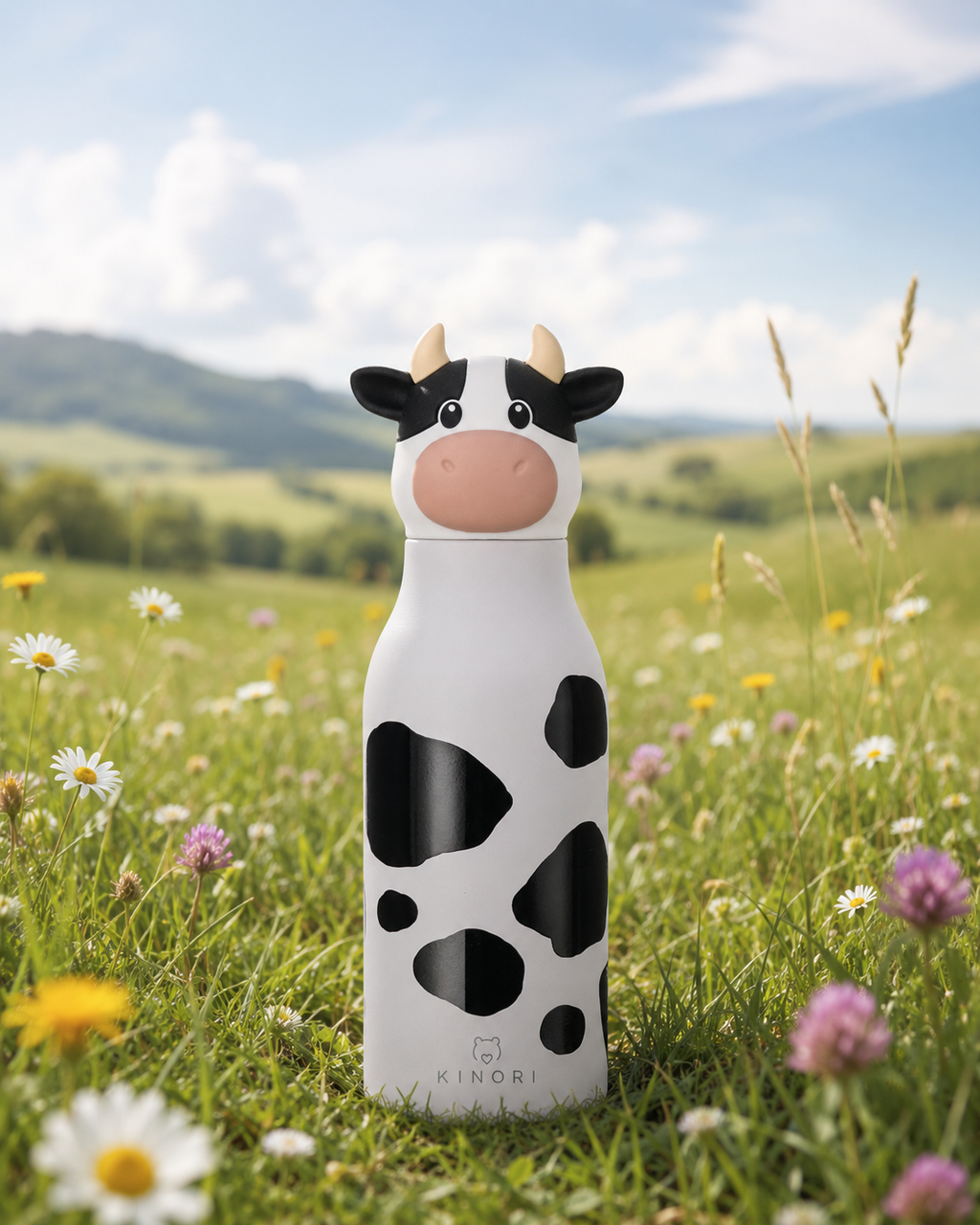KINORI Kinder-Thermosflasche Karla mit Kuhkopf auf einer grünen Blumenwiese