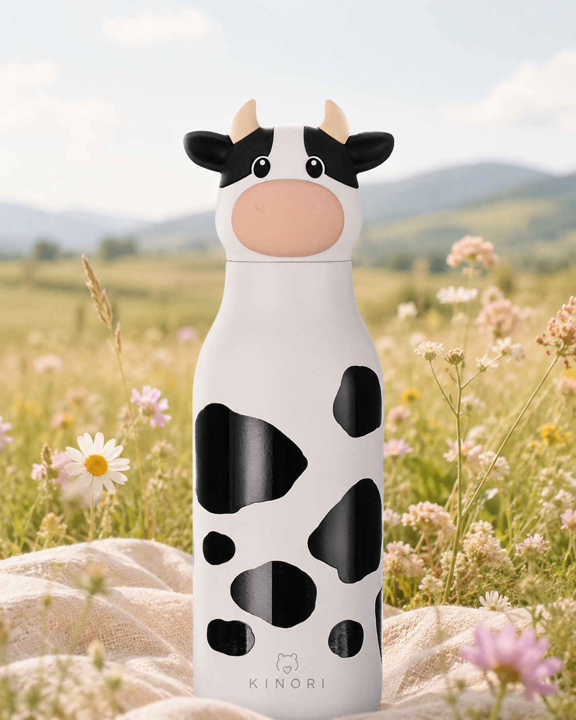 KINORI Kinder-Thermosflasche Karla mit Kuhkopf zwischen Blumen und sanften Hügeln