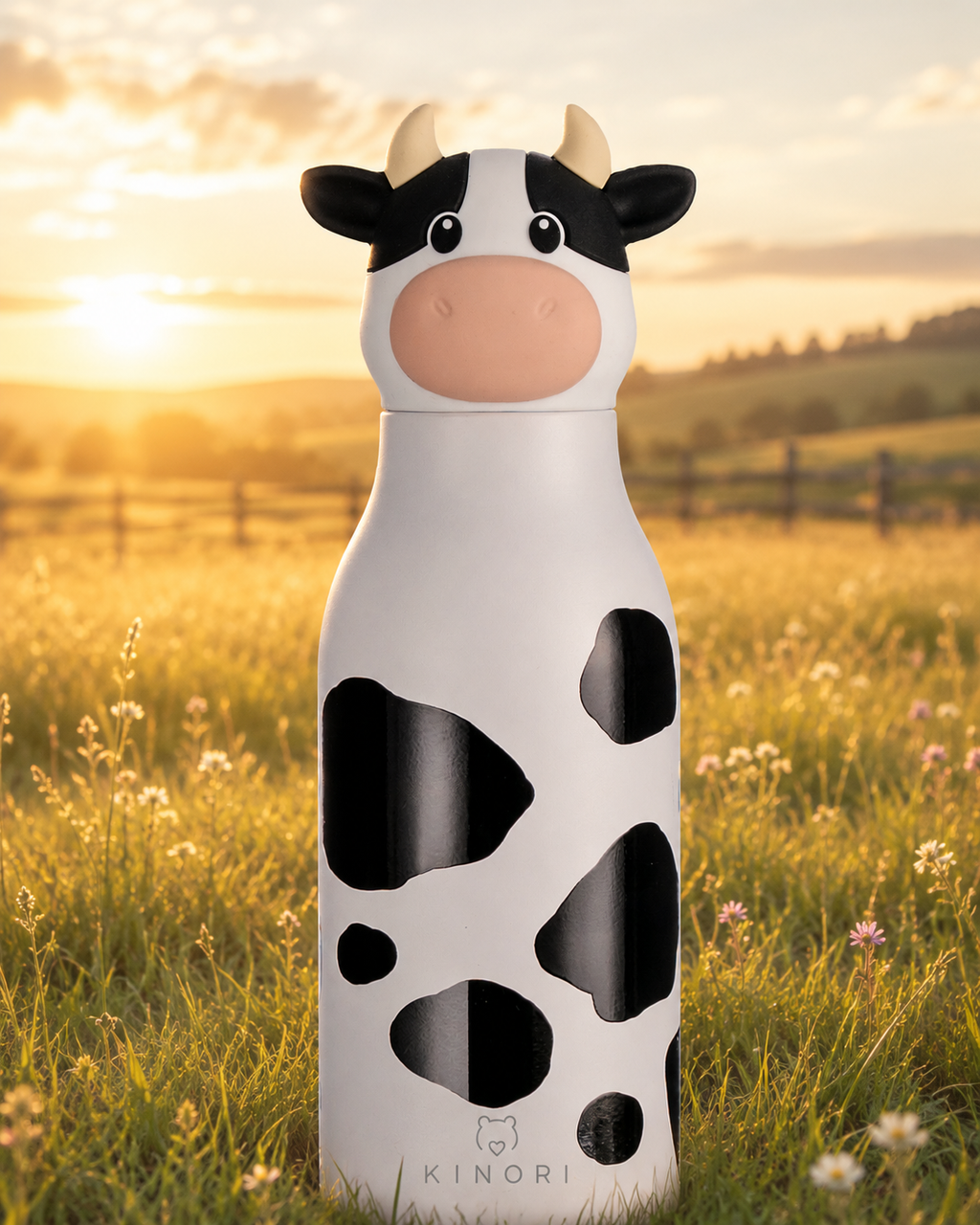 KINORI Kinder-Thermosflasche Karla mit Kuhkopf auf einer Blumenwiese bei Sonnenuntergang