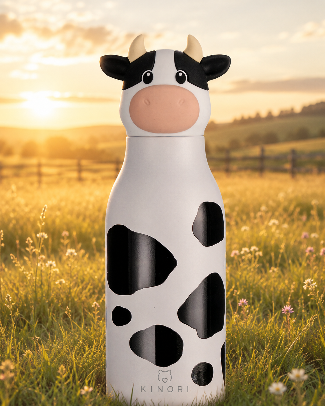 KINORI Kinder-Thermosflasche Karla mit Kuhkopf auf einer Blumenwiese bei Sonnenuntergang