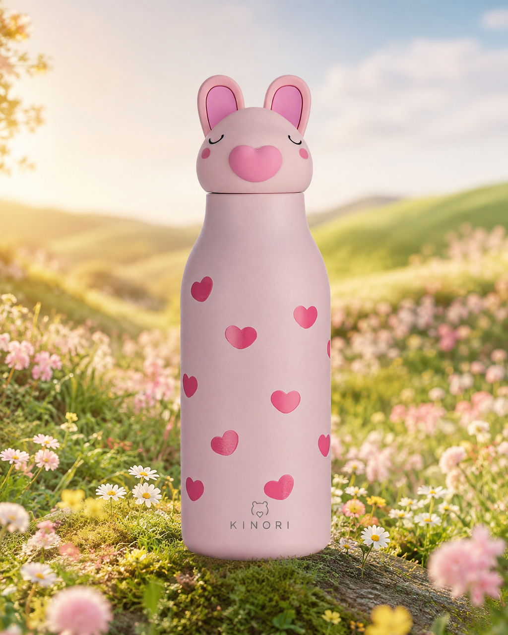 KINORI Kinder-Thermosflasche Hugo – das abenteuerlustige Schwein auf einer Blumenwiese
