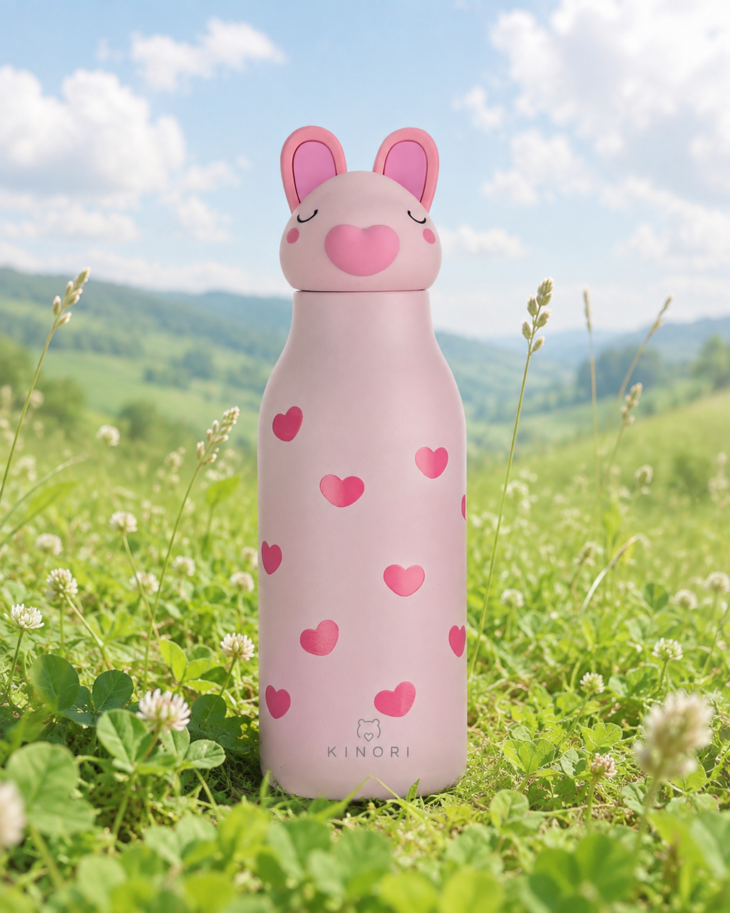 KINORI Kinder-Thermosflasche Hugo mit Schweinekopf auf einer grünen Wiese