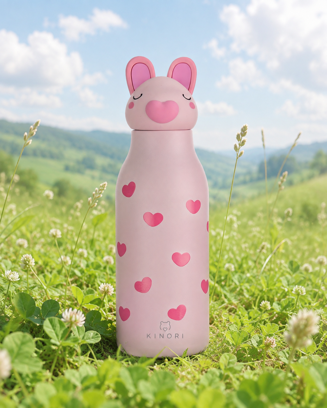KINORI Kinder-Thermosflasche Hugo mit Schweinekopf auf einer grünen Wiese