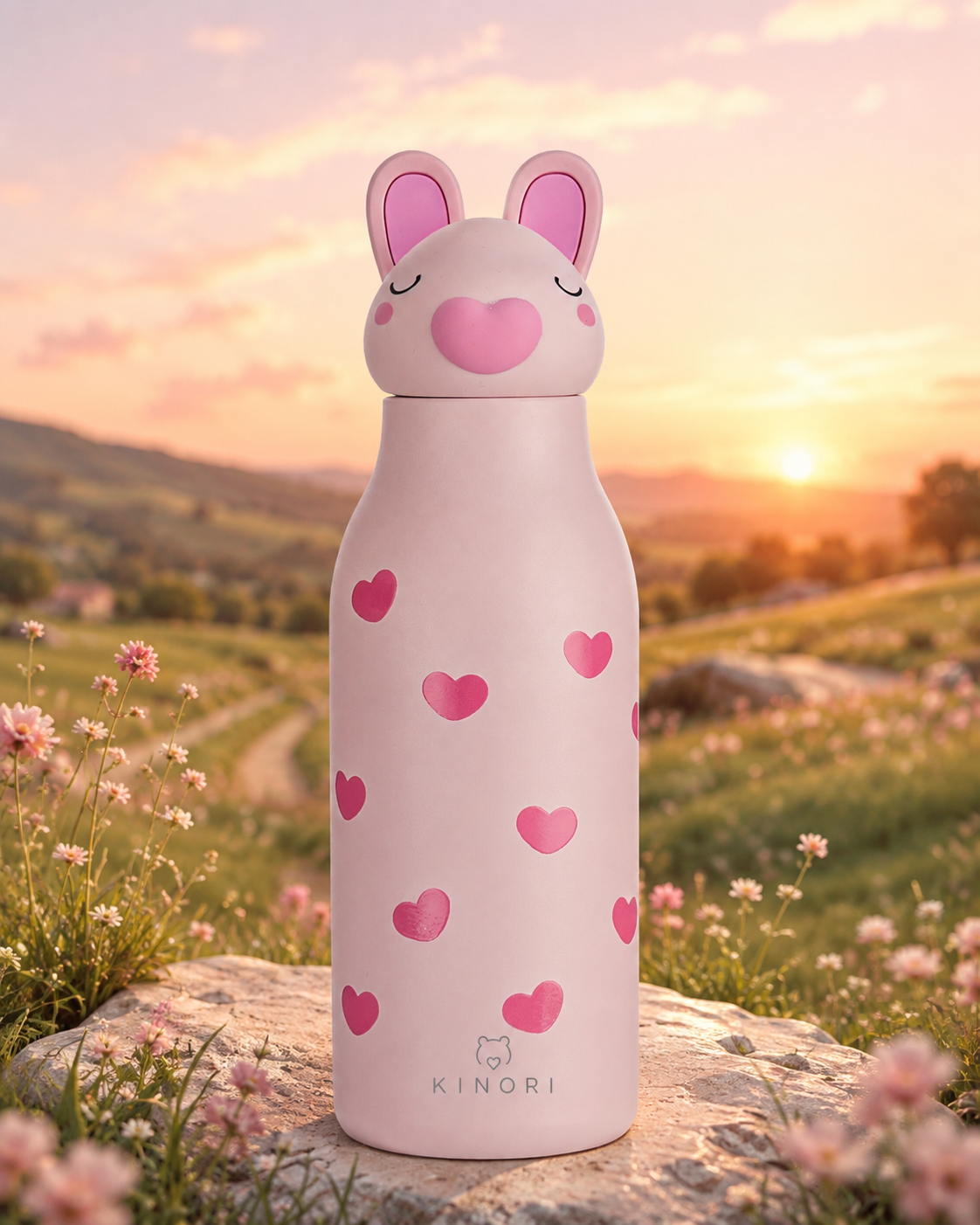 KINORI Kinder-Thermosflasche Hugo mit Schweinekopf bei Sonnenuntergang in der Natur