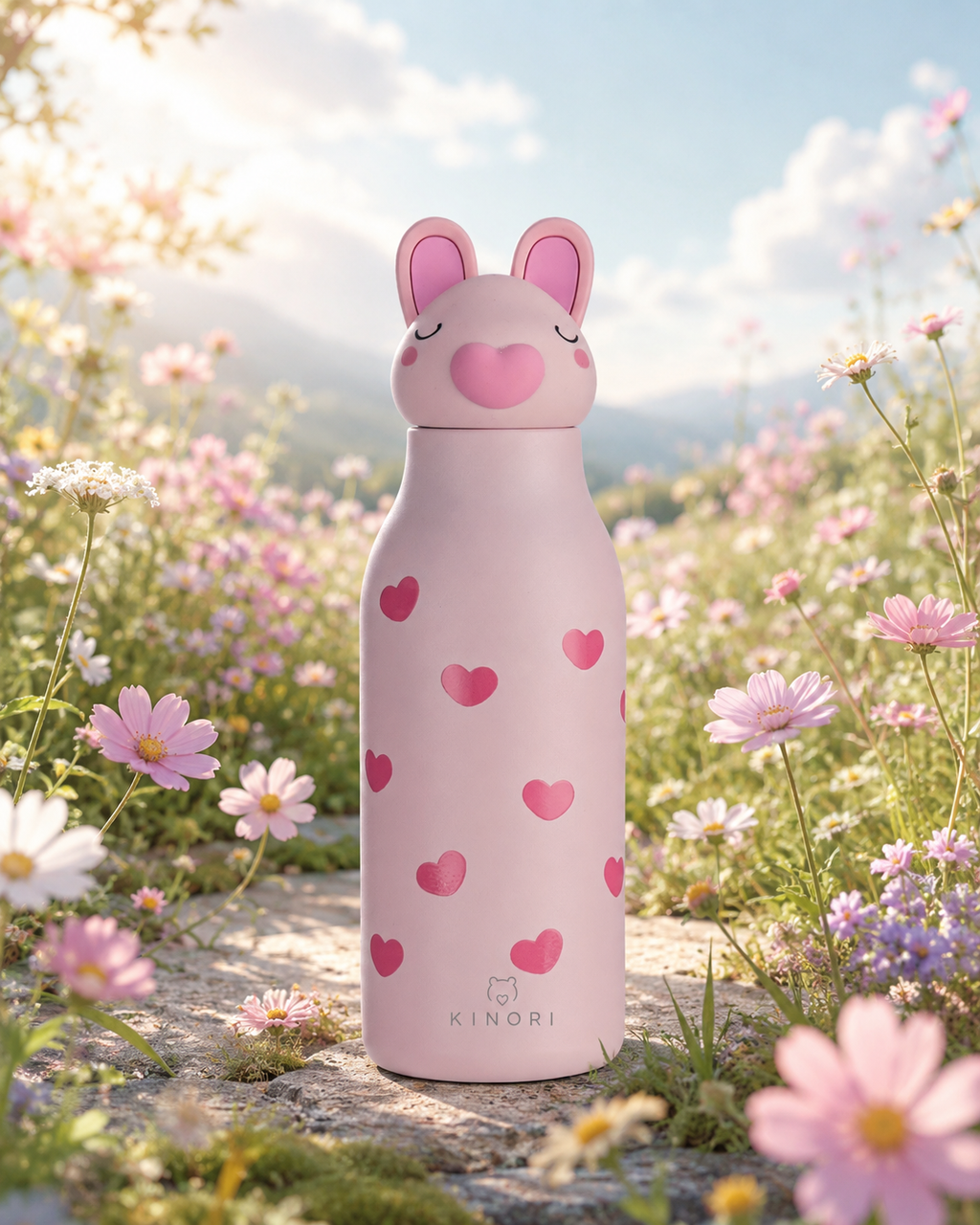 KINORI Kinder-Thermosflasche Hugo mit Schweinekopf zwischen rosa Blumen