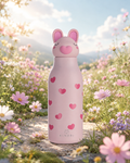 KINORI Kinder-Thermosflasche Hugo mit Schweinekopf zwischen rosa Blumen
