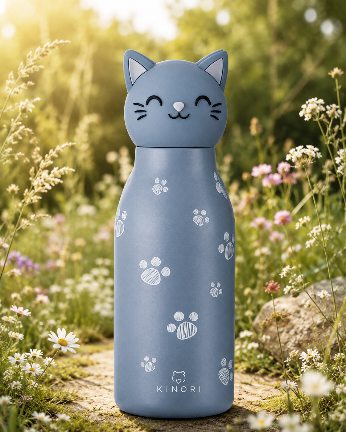 KINORI Kinder-Thermosflasche Nala mit Katzenkopf auf einer sonnigen Blumenwiese