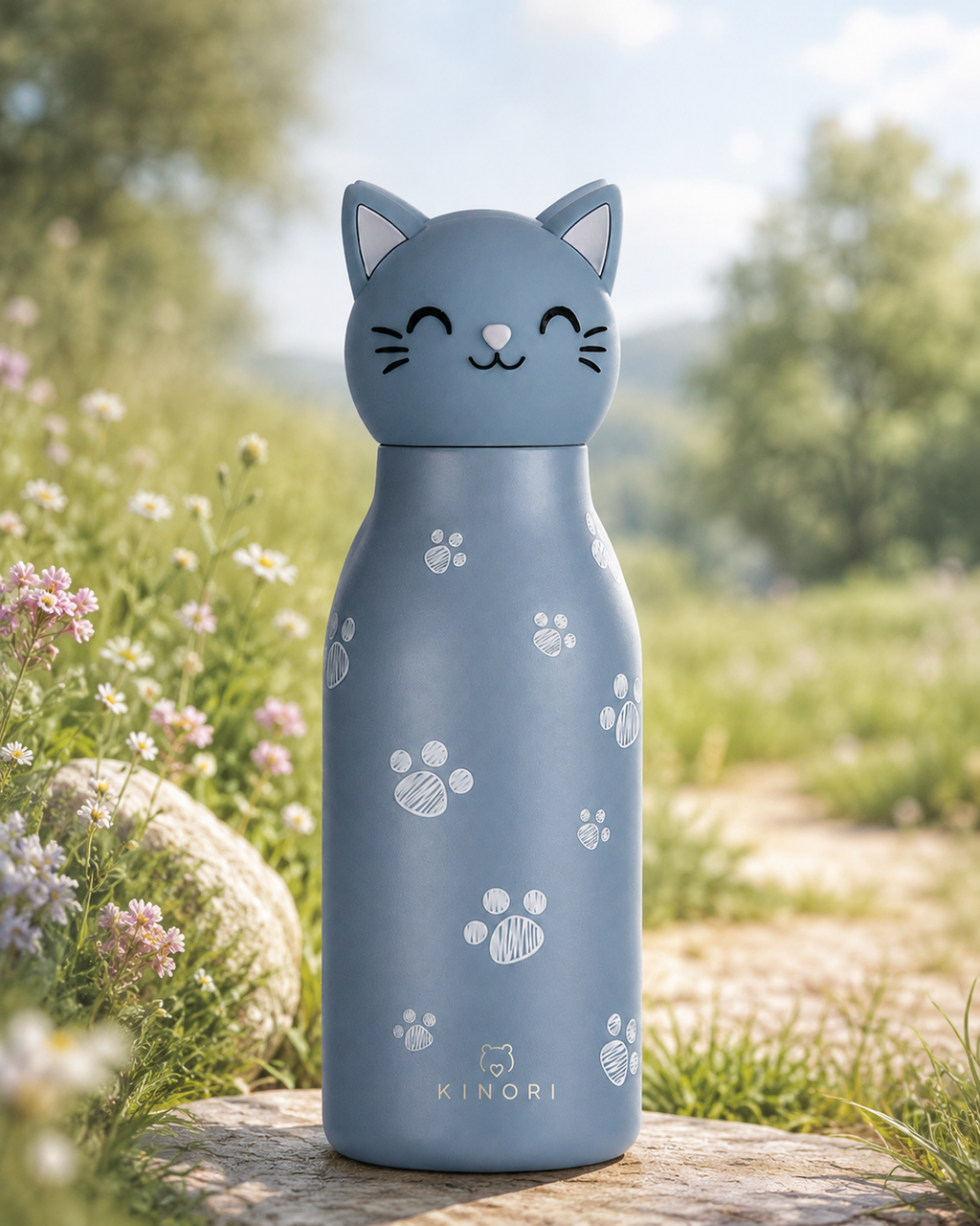 KINORI Kinder-Thermosflasche Nala mit Katzenkopf in einer natürlichen Wiesenlandschaft 