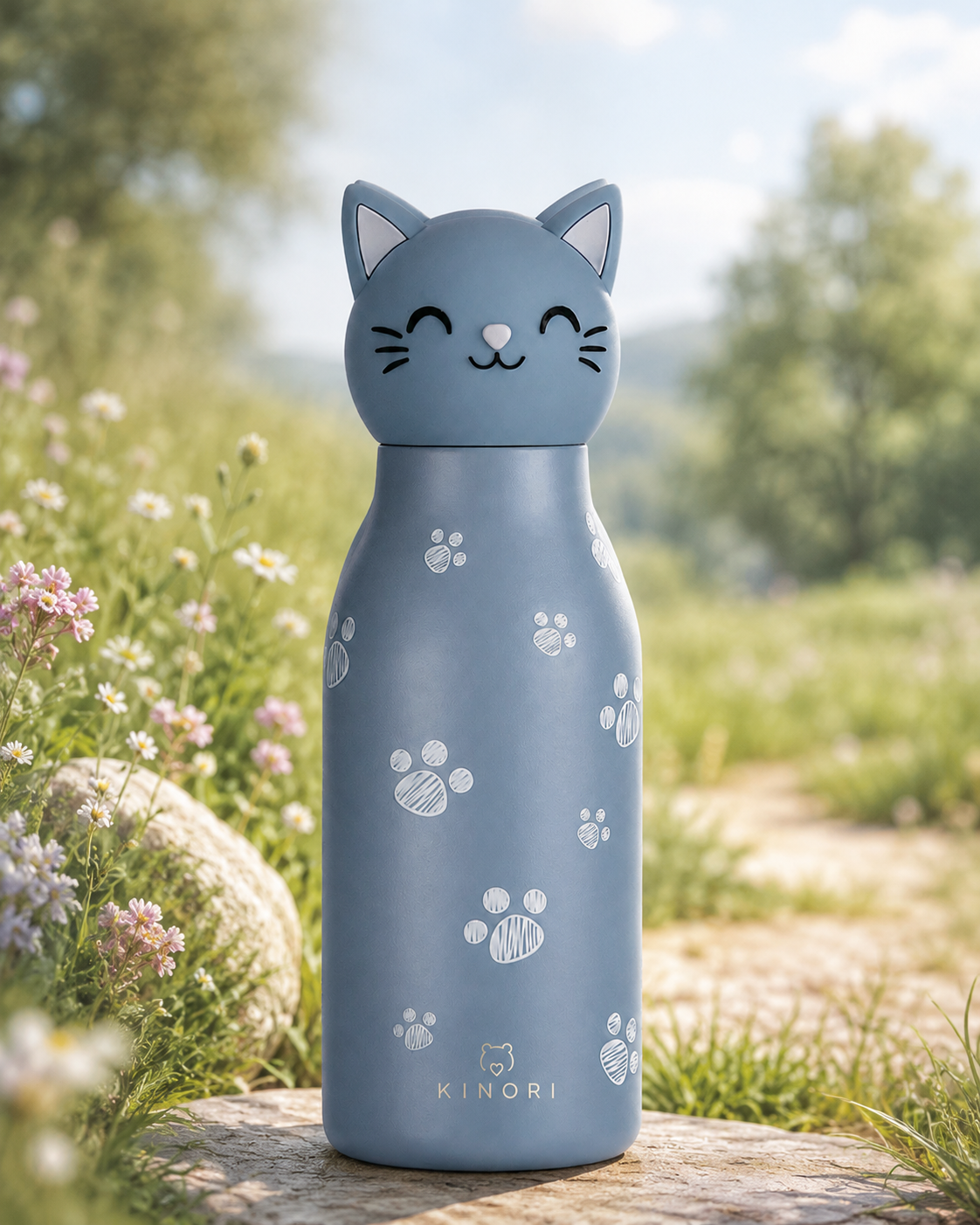 KINORI Kinder-Thermosflasche Nala mit Katzenkopf in einer natürlichen Wiesenlandschaft 