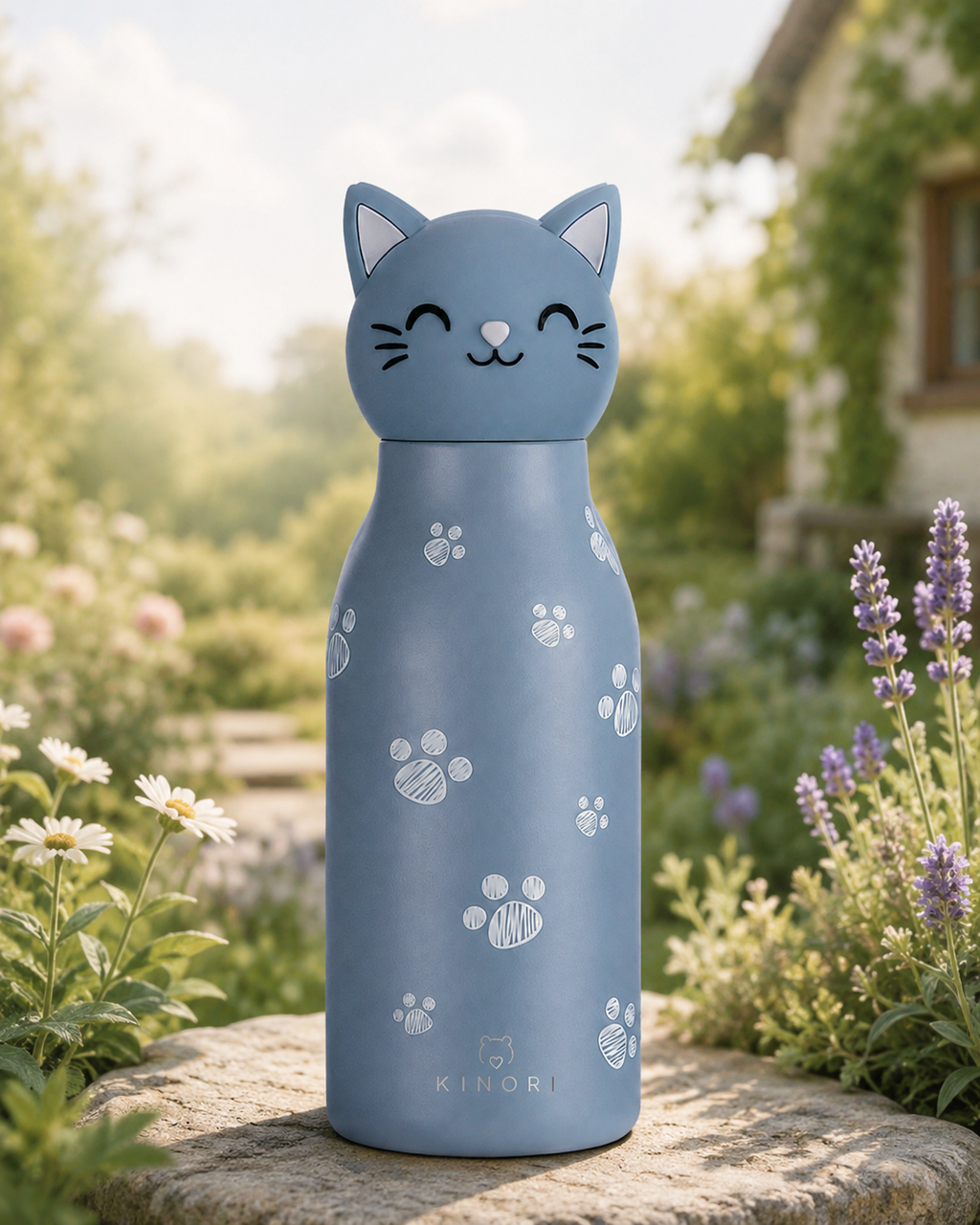KINORI Kinder-Thermosflasche Nala mit Katzenkopf in einem blühenden Garten