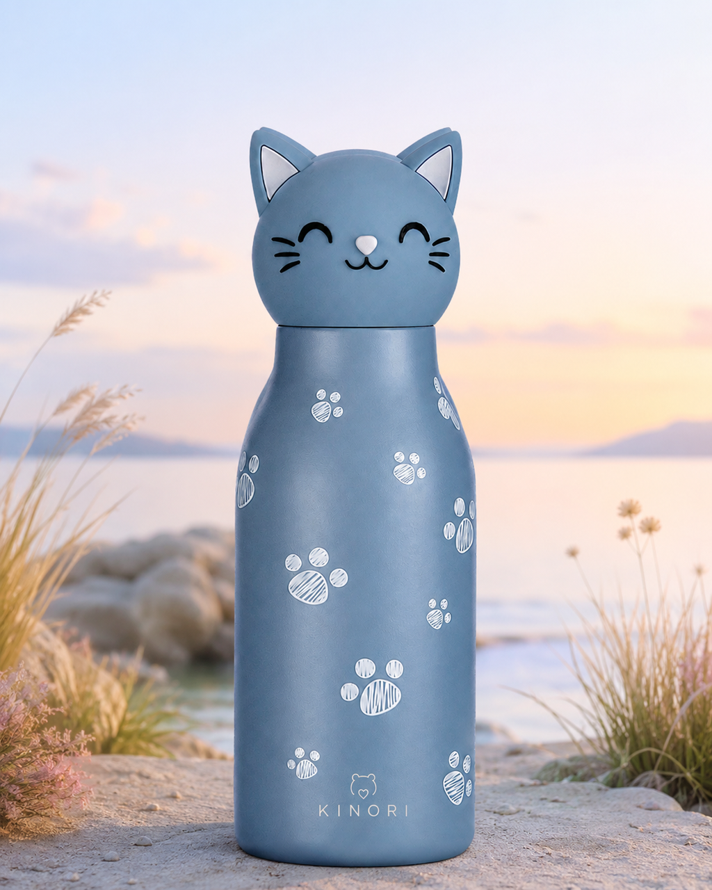 KINORI Kinder-Thermosflasche Nala – die selbstständige Katze am See bei Sonnenuntergang