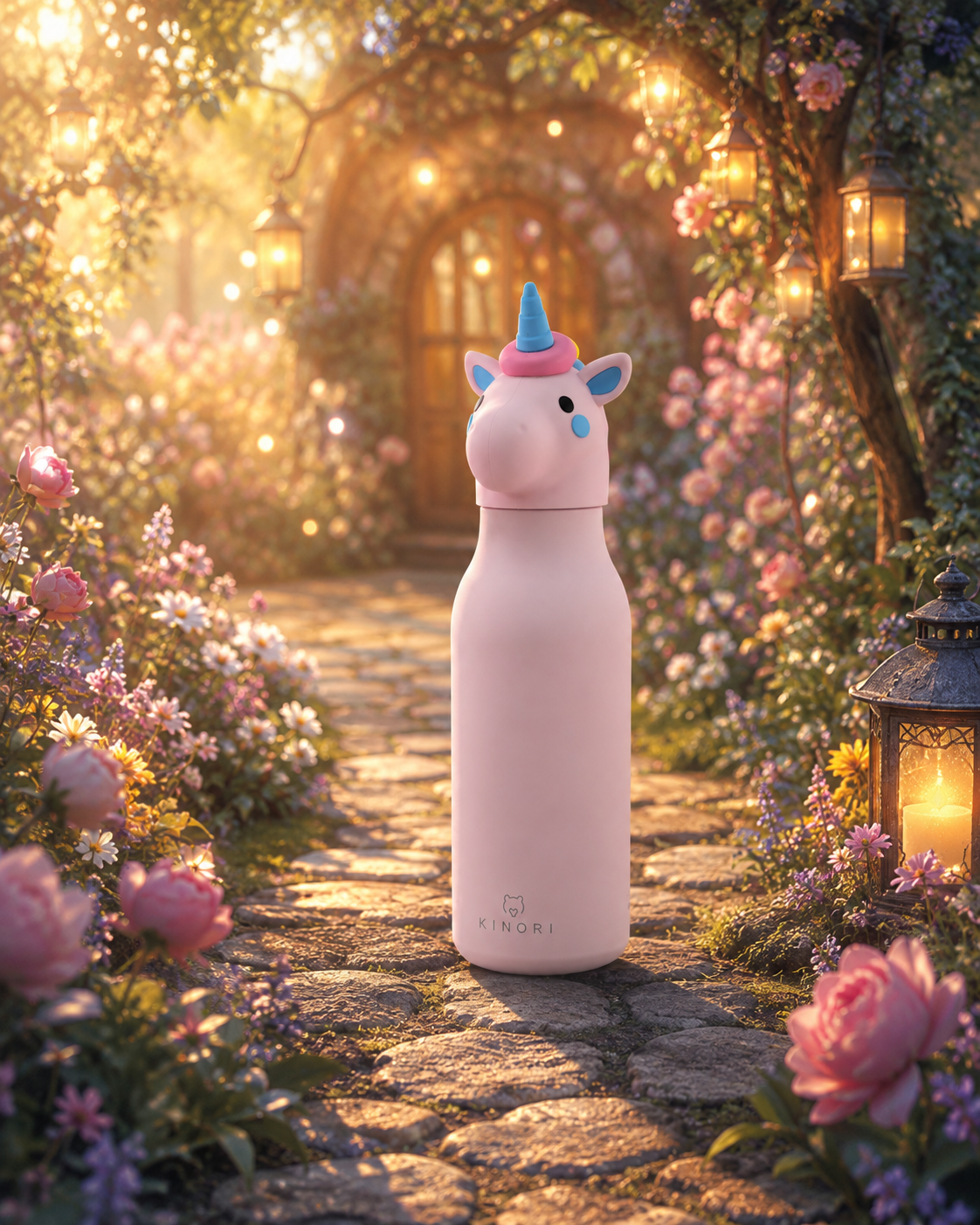 KINORI Kinder-Thermosflasche Lotti mit Einhornkopf in einem märchenhaften Garten
