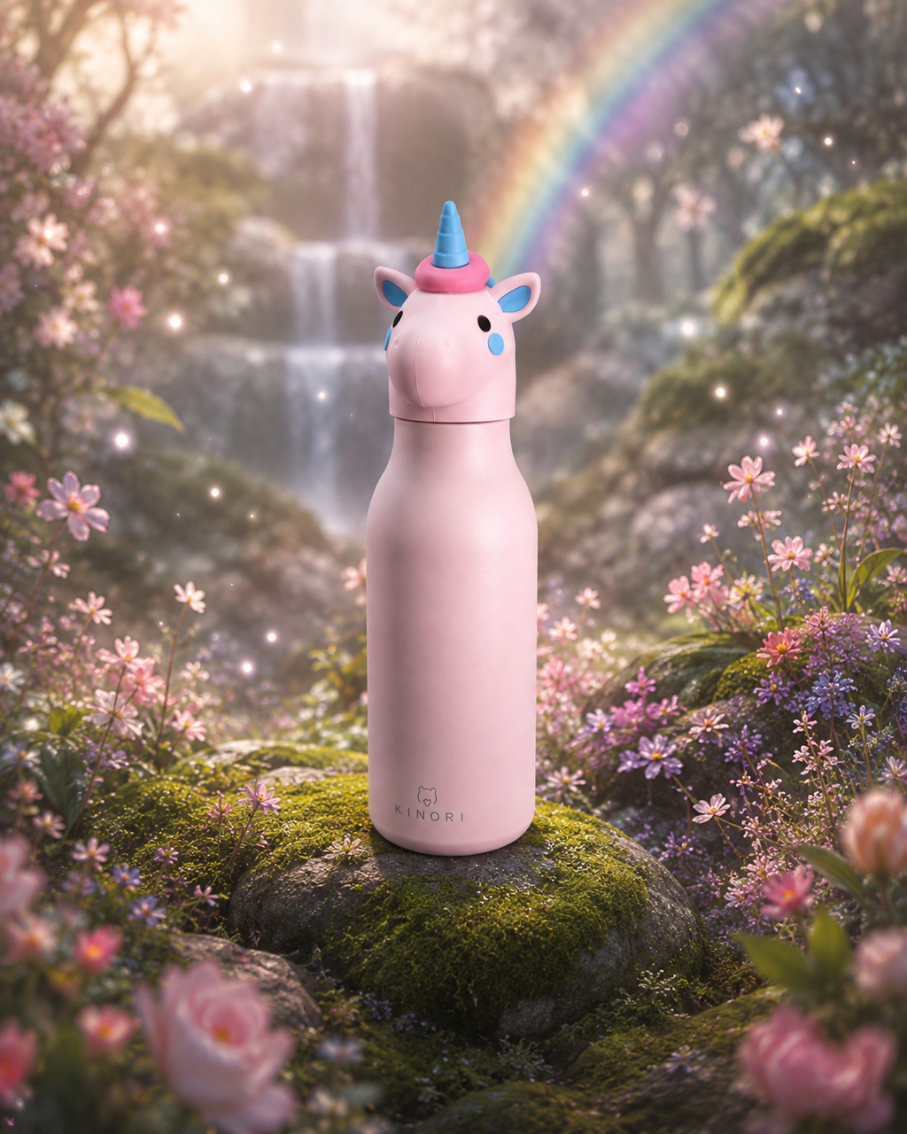 KINORI Kinder-Thermosflasche Lotti mit Einhornkopf vor Wasserfall und Regenbogen