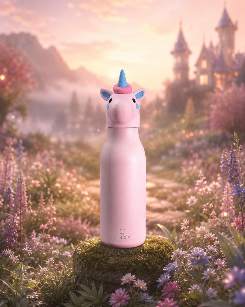 KINORI Kinder-Thermosflasche Lotti mit Einhornkopf in einer märchenhaften Landschaft
