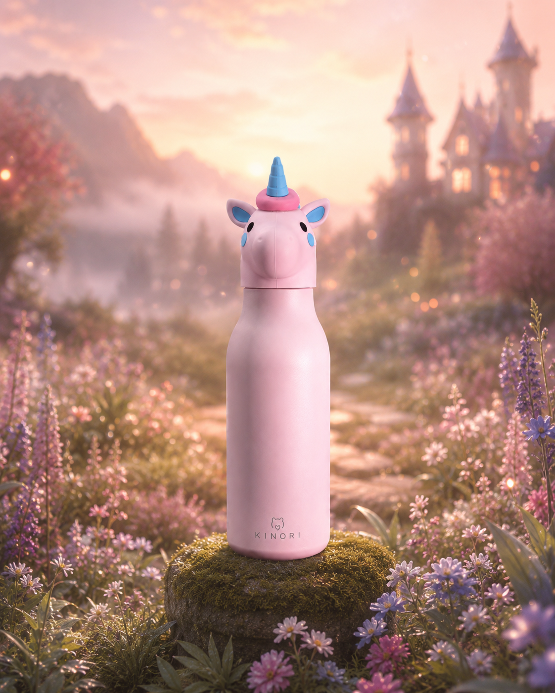 KINORI Kinder-Thermosflasche Lotti mit Einhornkopf in einer märchenhaften Landschaft