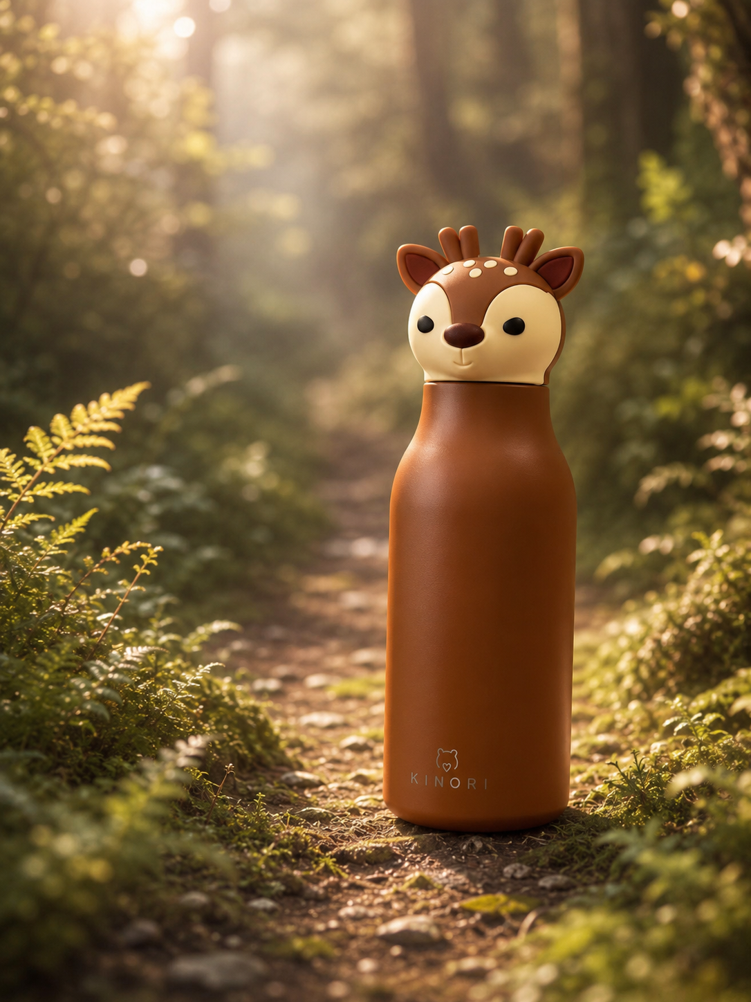 KINORI Kinder-Thermosflasche Mila mit Rehkopf auf einem sonnigen Waldweg