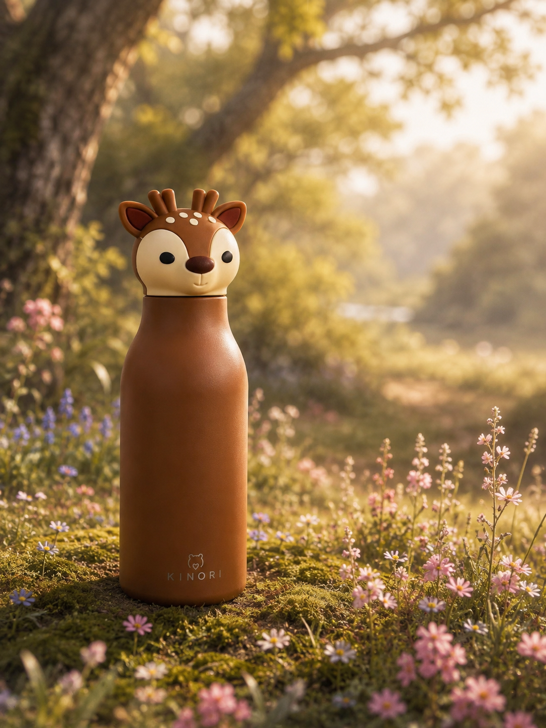 KINORI Kinder-Thermosflasche Mila mit Rehkopf auf einer Blumenwiese im Wald