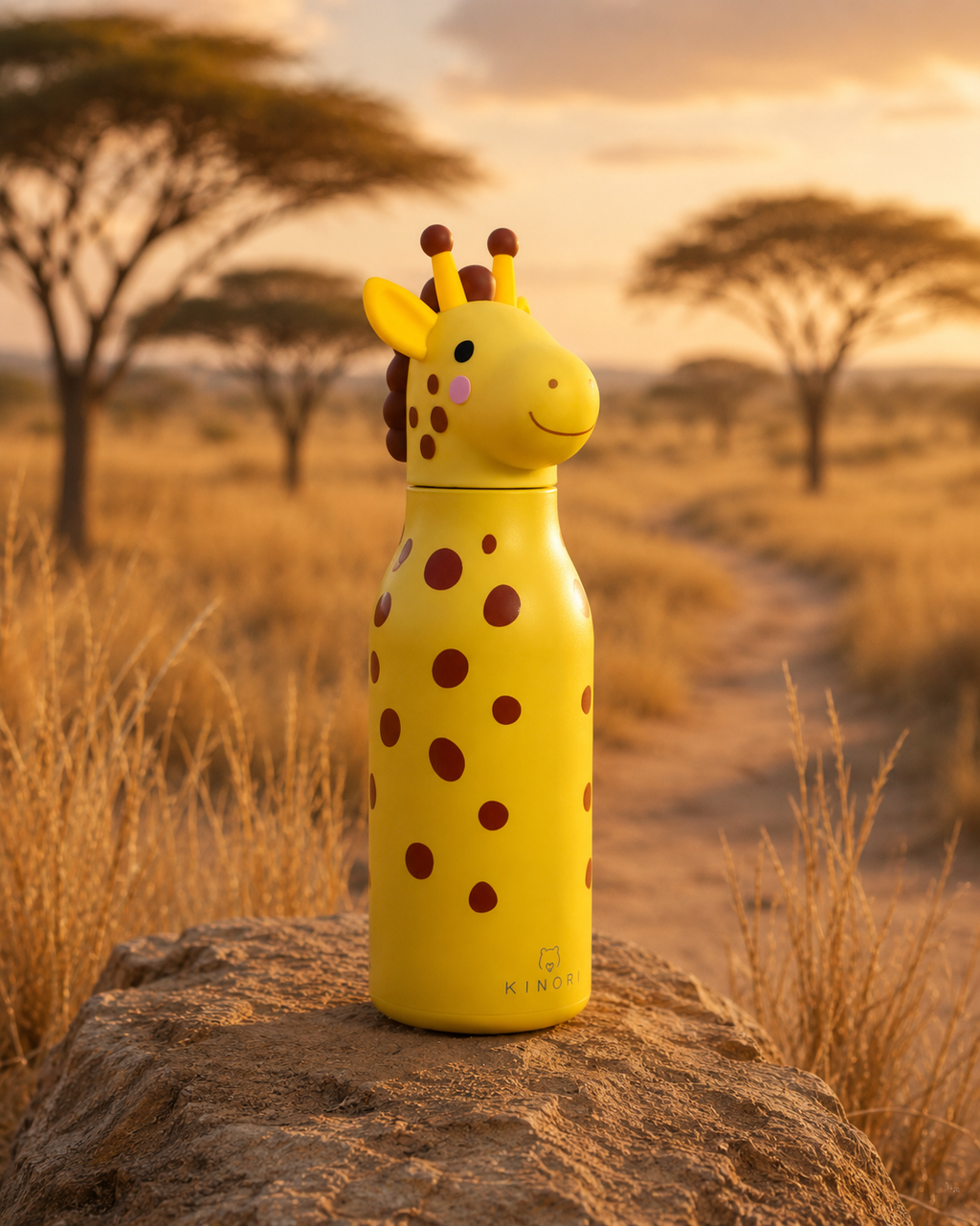 KINORI Kinder-Thermosflasche Lina mit Giraffenkopf vor afrikanischer Savannenlandschaft