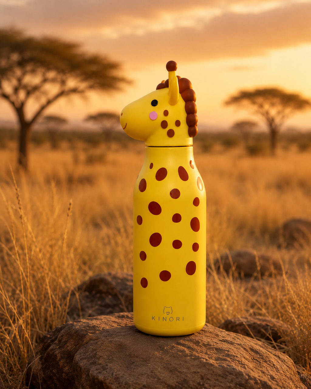 KINORI Kinder-Thermosflasche Lina mit Giraffenkopf bei Sonnenuntergang in der Savanne