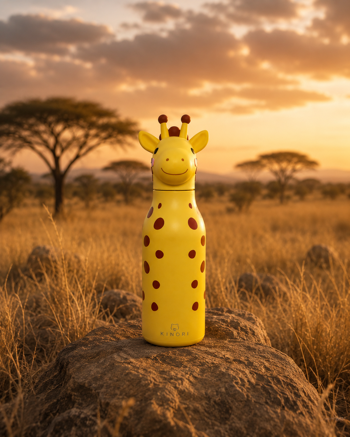 KINORI Kinder-Thermosflasche Lina mit Giraffenkopf auf einem Savannenweg