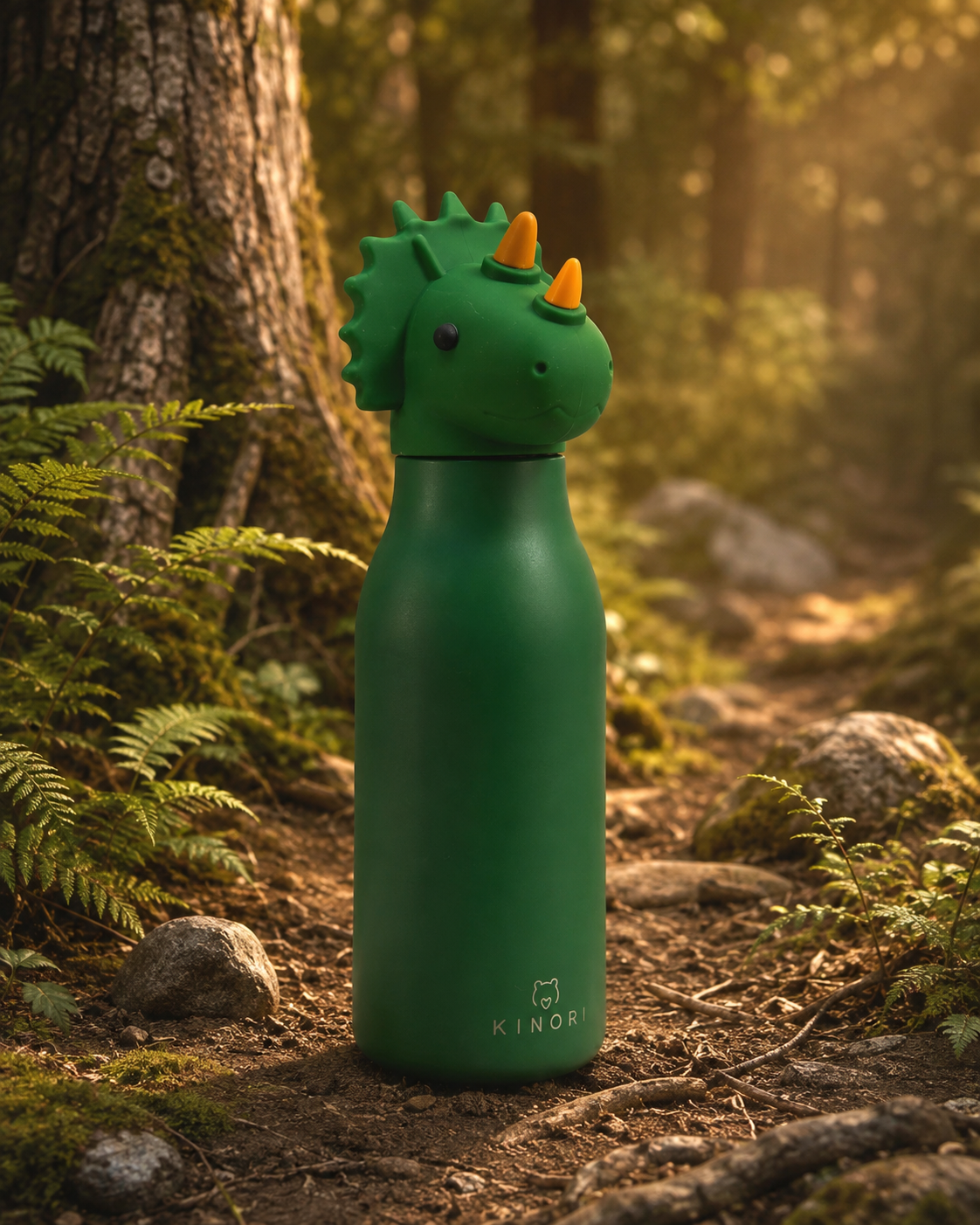 KINORI Kinder-Thermosflasche Kian mit Dinokopf auf einem Waldweg