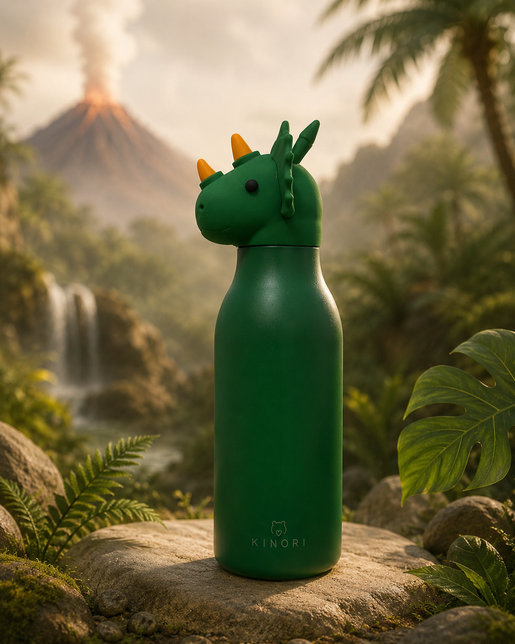 KINORI Kinder-Thermosflasche Kian mit Dinokopf vor Vulkan und Wasserfall