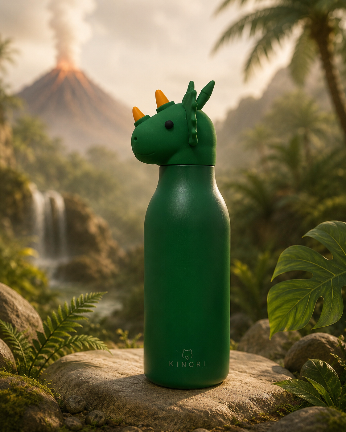 KINORI Kinder-Thermosflasche Kian mit Dinokopf vor Vulkan und Wasserfall