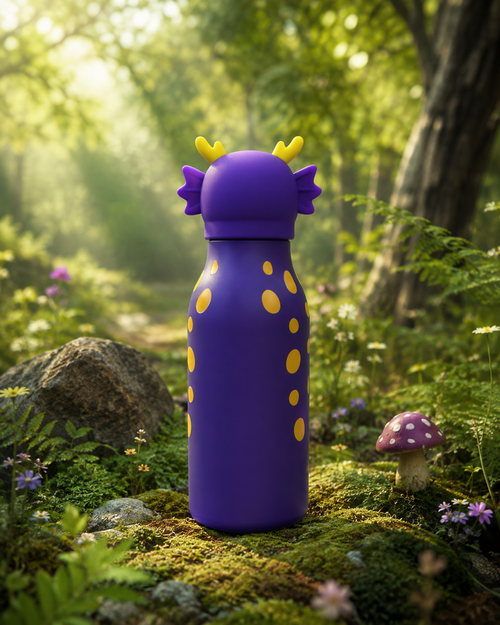 KINORI Kinder-Thermosflasche Fino mit Drachenkopf von hinten im Wald