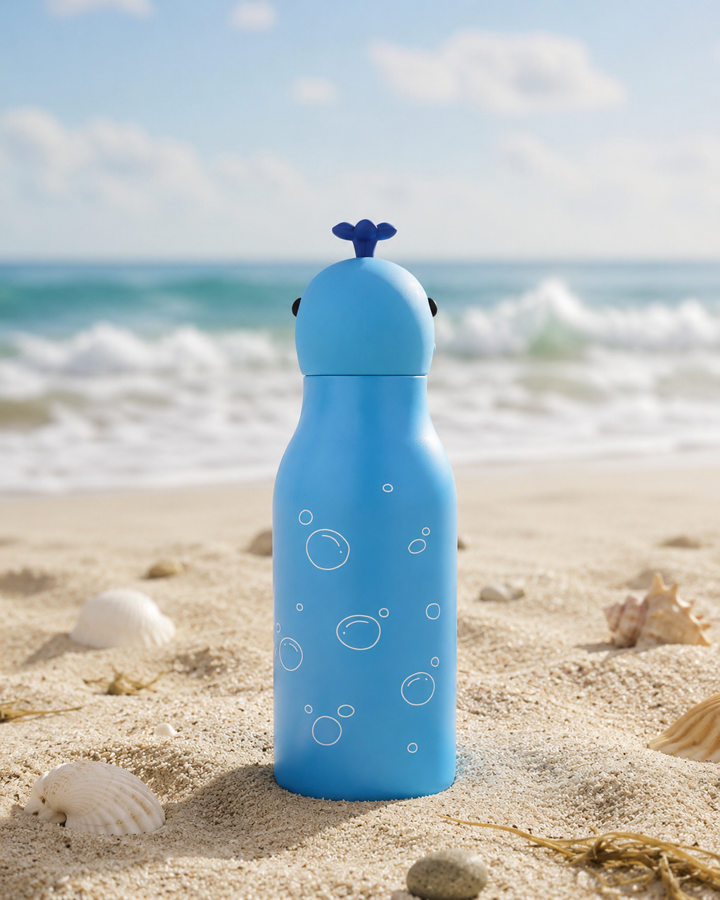 KINORI Kinder-Thermosflasche Timmi mit Walkopf am Sandstrand vor dem Meer