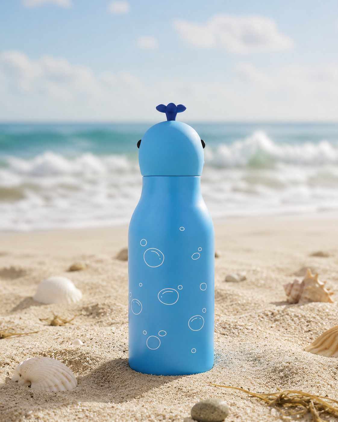 KINORI Kinder-Thermosflasche Timmi mit Walkopf am Sandstrand vor dem Meer