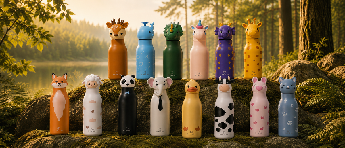 KINORI Kinder-Thermosflaschen mit verschiedenen Tiercharakteren im Wald
